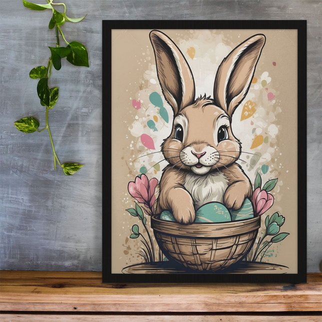 Vintage Påskharen Ägg Korg Blommig Vår Poster (Skapare uppladdad)