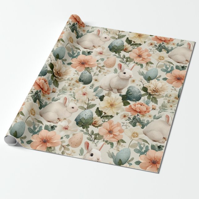Vintage påskharen blommig (10) presentpapper (Utrullad)