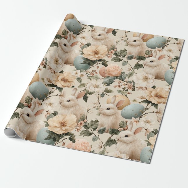 Vintage påskharen blommig (1) presentpapper (Utrullad)