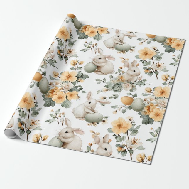Vintage Påskharen Blommig (2) Presentpapper (Utrullad)