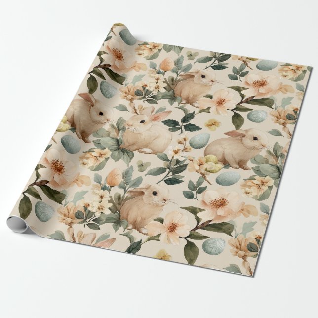 Vintage Påskharen Blommig (4) Presentpapper (Utrullad)