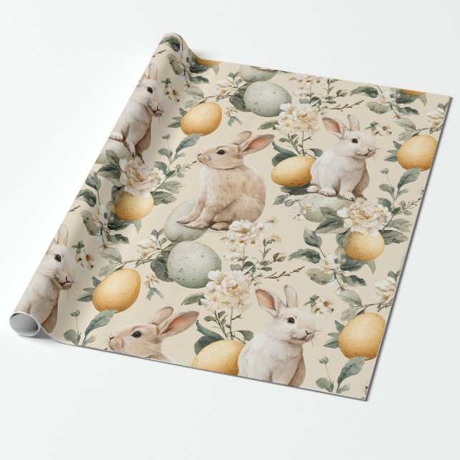 Vintage Påskharen Blommig (5) Presentpapper (Utrullad)