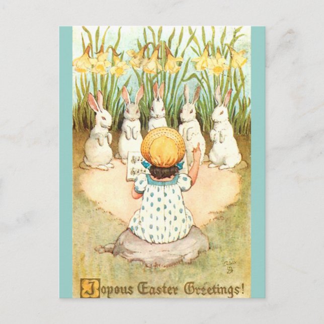 Vintage påskharen kör och narcisser vykort (Framsida)