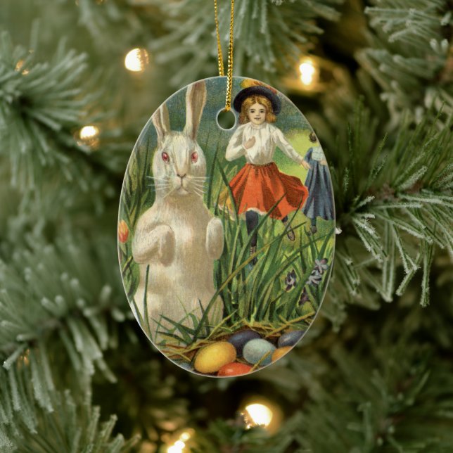 Vintage påskharen och barn Glad påsk Julgransprydnad Keramik (Träd)