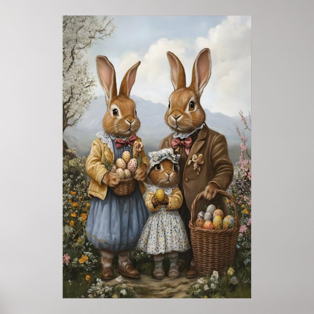 Vintage påskkaninfamiljkonst, vårbarnkammare poster (Framsidan)