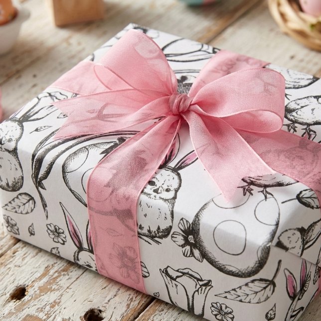 Vintage Påskkillingar Handritad Cottagecore Presentpapper (Cute Vintage Easter Chicks Pink Rabbit Ears Illustration Gift Wrap Black and White Cottagecore Kids)
