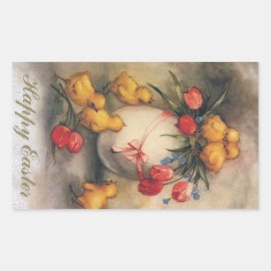 Vintage påskkycklingar med röda tulpanblommor rektangulärt klistermärke