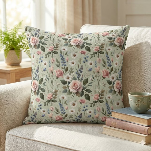Vintage Pastel Blommigt Botaniskt Mönster Kudde (Vintage Pastel Floral Botanical Pattern Throw Pillow Mockup A)