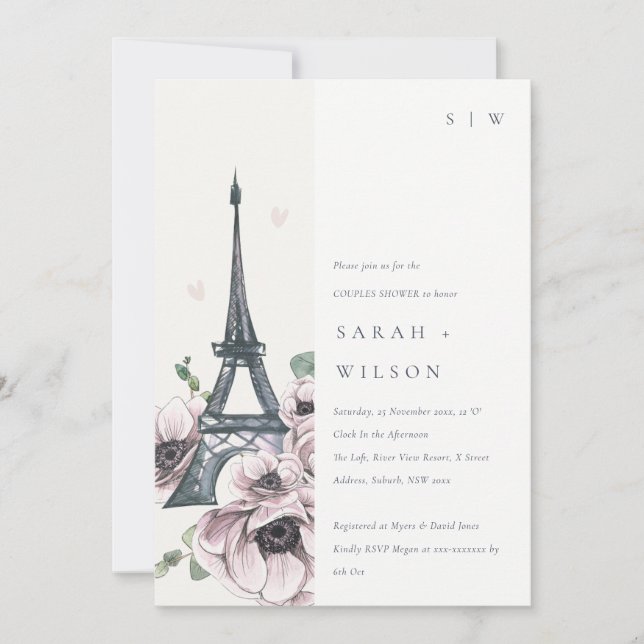 Vintage Pastel Eiffel Torn Blommigt Par Shower Inbjudningar (Framsida)