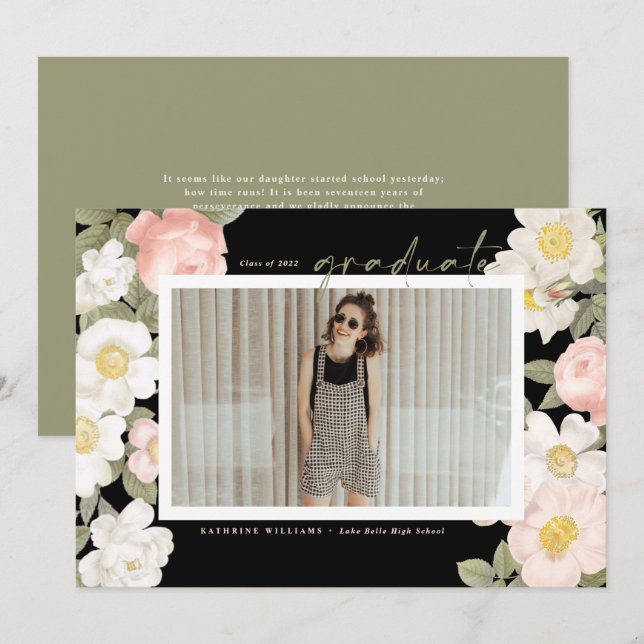 Vintage Pastel Flowers Black Photo Studenten Meddelande (Fram/baksida)