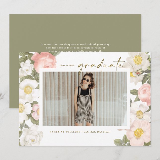 Vintage Pastel Flowers White Photo Studenten Meddelande (Fram/baksida)
