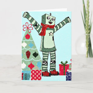 Vintage Pastel Helgdag Robot Boy, Träd och Gifts Helgkort