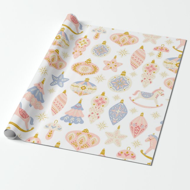 Vintage Pastel-julprydnadsföremål Pappra radbyte Presentpapper (Utrullad)