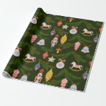 Vintage Pastel-julprydnadsföremål Pappra radbyte Presentpapper<br><div class="desc">Den här vintagens presentanpassning ger alla bra nostalgia vibes från borta dagar. Presentfigursättningen har en mörk grönt bakgrund med vergreen träd grenar omgiven av prydnadsämnen av vintage i pastellnyp och blues med en antydan om guld.</div>