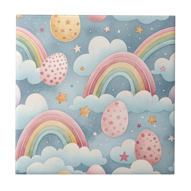 Vintage Pastel Rainbow Easter Eggs with Clouds Kakelplatta (Framsidan)