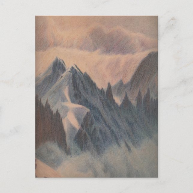 Vintage pastel teckning eerie bergsglaciär vykort (Framsida)
