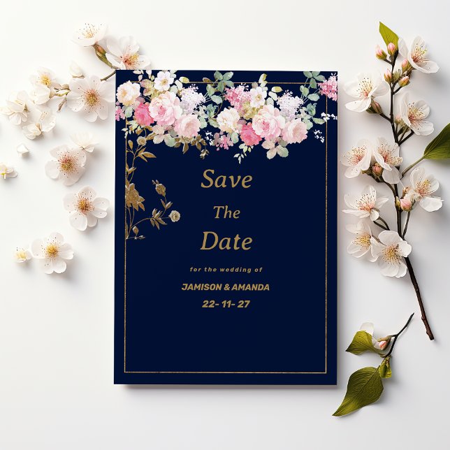 Vintage pastell blomguld marinblå Save The Date Inbjudningar (Vintage pastel flower gold navy blue Save The Date)