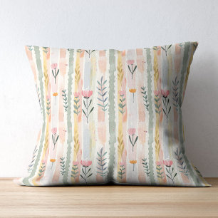 Vintage Pastell Färg Vattenfärg Blommor Ränder Kudde