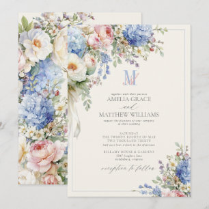 Vintage Pastell Hydrangea Elfenbensvitt Monogram B Inbjudningar
