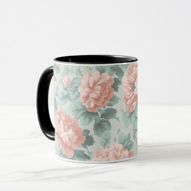 Vintage Pastell Rosa Mint Blommönster Mugg (Framsida vänster)