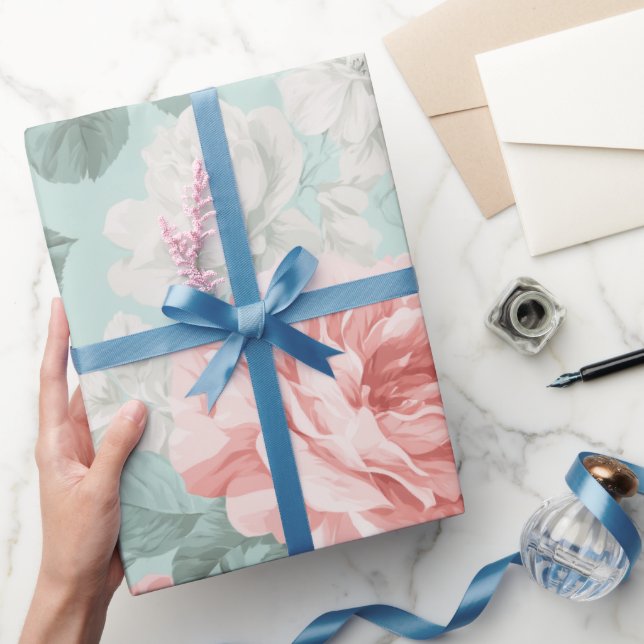 Vintage Pastell Rosa Mint Blommönster Presentpapper (Gifting)