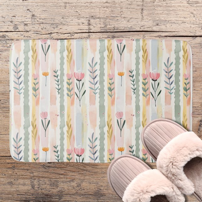 Vintage Pastell Vattenfärg Blommiga Ränder Badrumsmatta (Skapare uppladdad)