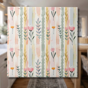 Vintage Pastell Watercolor Blommiga Ränder Kakelplatta
