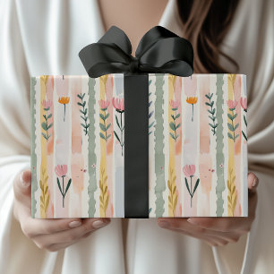 Vintage Pastell Watercolor Blommiga Ränder Presentpapper