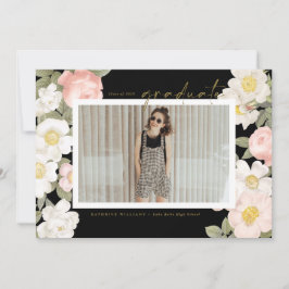 Vintage Pastellblommor Svart Foto Examen Inbjudningar