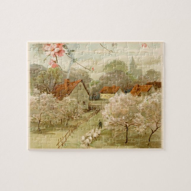 Vintage Pastoral Town Vår Puzzle Pussel (Horisontell)