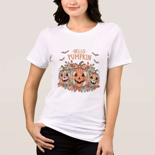 Vintage Patchwork Pumpkin T-Shirt | Hallowen (Framsida)
