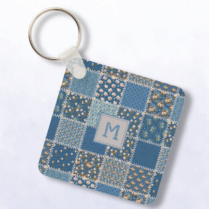 Vintage Patchwork Quilt in Blues Nyckelring