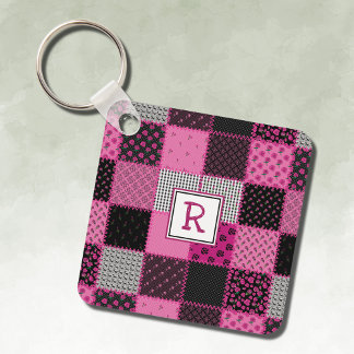 Vintage Patchwork Quilt Rosa och svart Keychain Nyckelring
