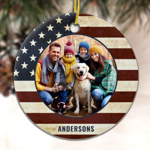 Vintage Patriotic American Flagga Anpassningsbar 2 Julgransprydnad Keramik