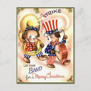 Vintage Patriotic Cute Animal Band God jul Helg Vykort