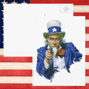 Vintage Patriotic farbror Sam med Star Hat och Gun Vykort
