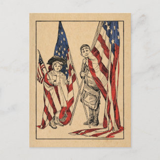 Vintage Patriotic Girl & Boy med amerikansk Flagga Vykort