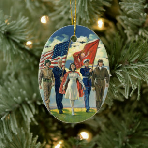 Vintage Patriotic, Proud Militär Personnel Heros Julgransprydnad Keramik