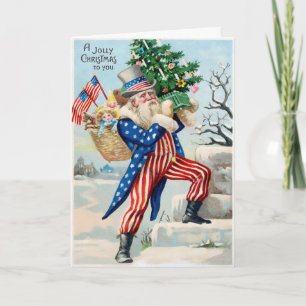 Vintage Patriotic Santa Helgdag Card Helgkort
