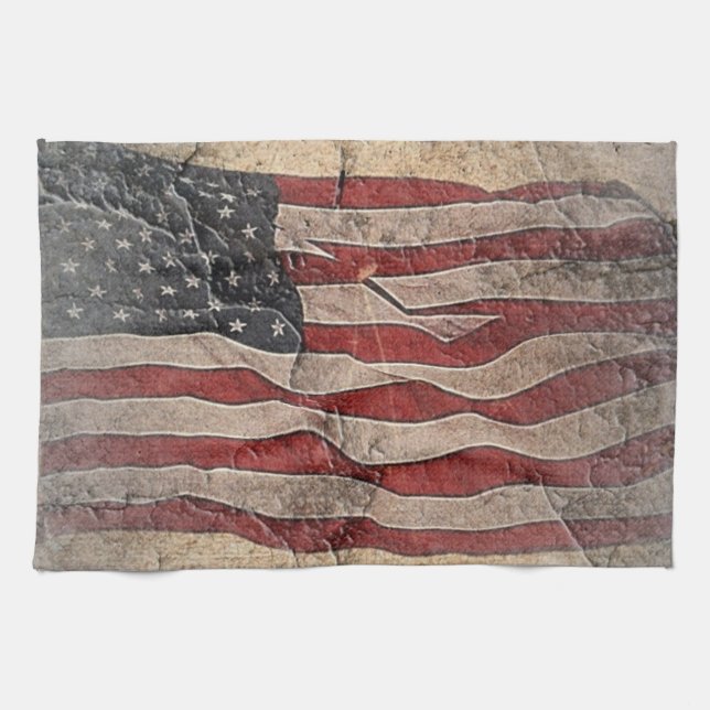 Vintage Patriotic USA flagga om stenmuren Kökshandduk (Horisontell)
