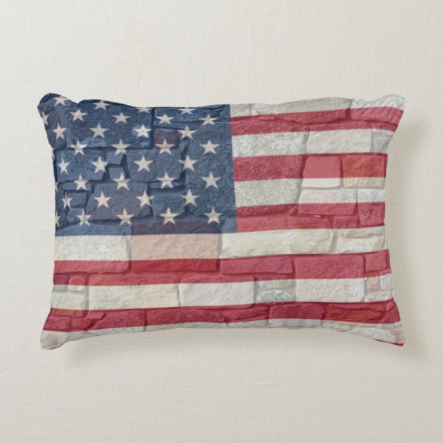 Vintage Patriotic USA flagga om stenmuren Prydnadskudde (Framsidan)