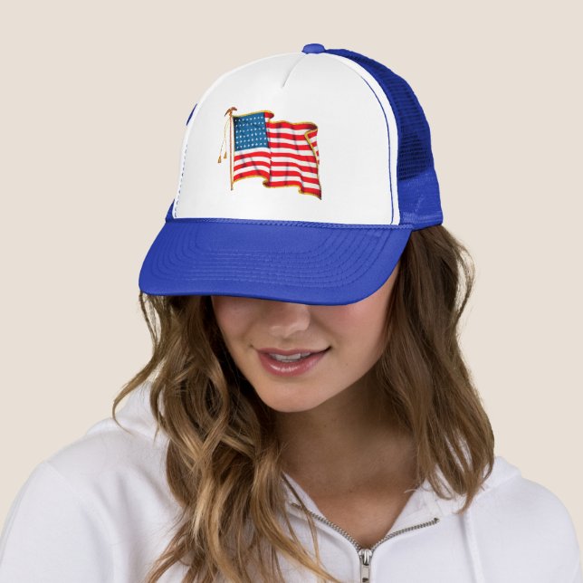 Vintage patriotisk amerikansk flagga, fjärde juli truckerkeps (In Situ)