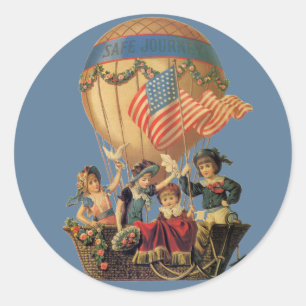 Vintage patriotisk, barn i en varmluftsballong runt klistermärke