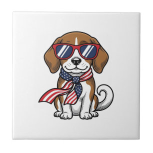 Vintage Patriotisk Beagle Hund Solglasögon Tröja_1 Kakelplatta