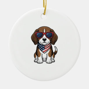 Vintage Patriotisk Beagle Valp Solglasögon Tröja_1 Julgransprydnad Keramik