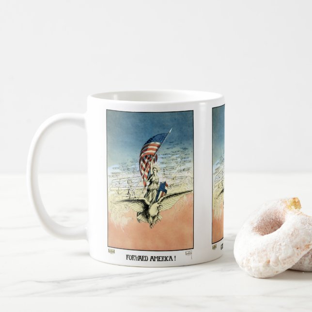 Vintage Patriotisk, Dam, Örn med amerikansk flagg Kaffemugg (Med munk)