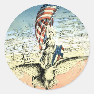 Vintage patriotisk, dam, örn med amerikansk flagg runt klistermärke