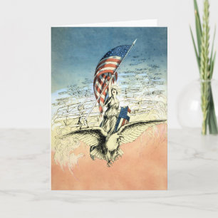 Vintage patriotisk, dam, örn med amerikansk flagga kort