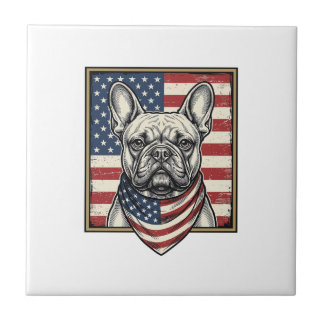 Vintage Patriotisk Fransk Bulldog Flagga Kakelplatta