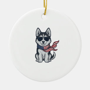 Vintage Patriotisk Husky Valp Vektor Design_1 Julgransprydnad Keramik